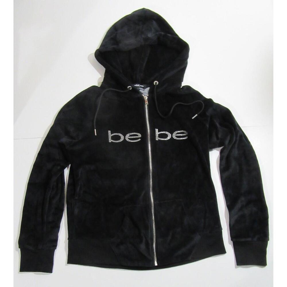 bebe Velour Hoodie Hooded Sweatshirt Rhinestones Bling Black Large Vintage Y2k